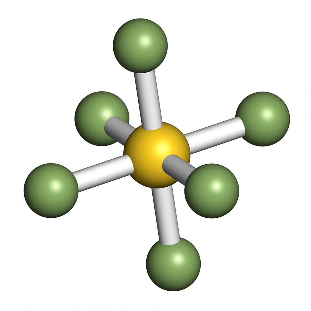 3D model molekuly hexafluoridu sírového SF<sub>6</sub>, který umožnil malou revoluci ve výstavbě zapouzdřených rozvoden (Zdroj: © molekuul.be / stock.adobe.com)